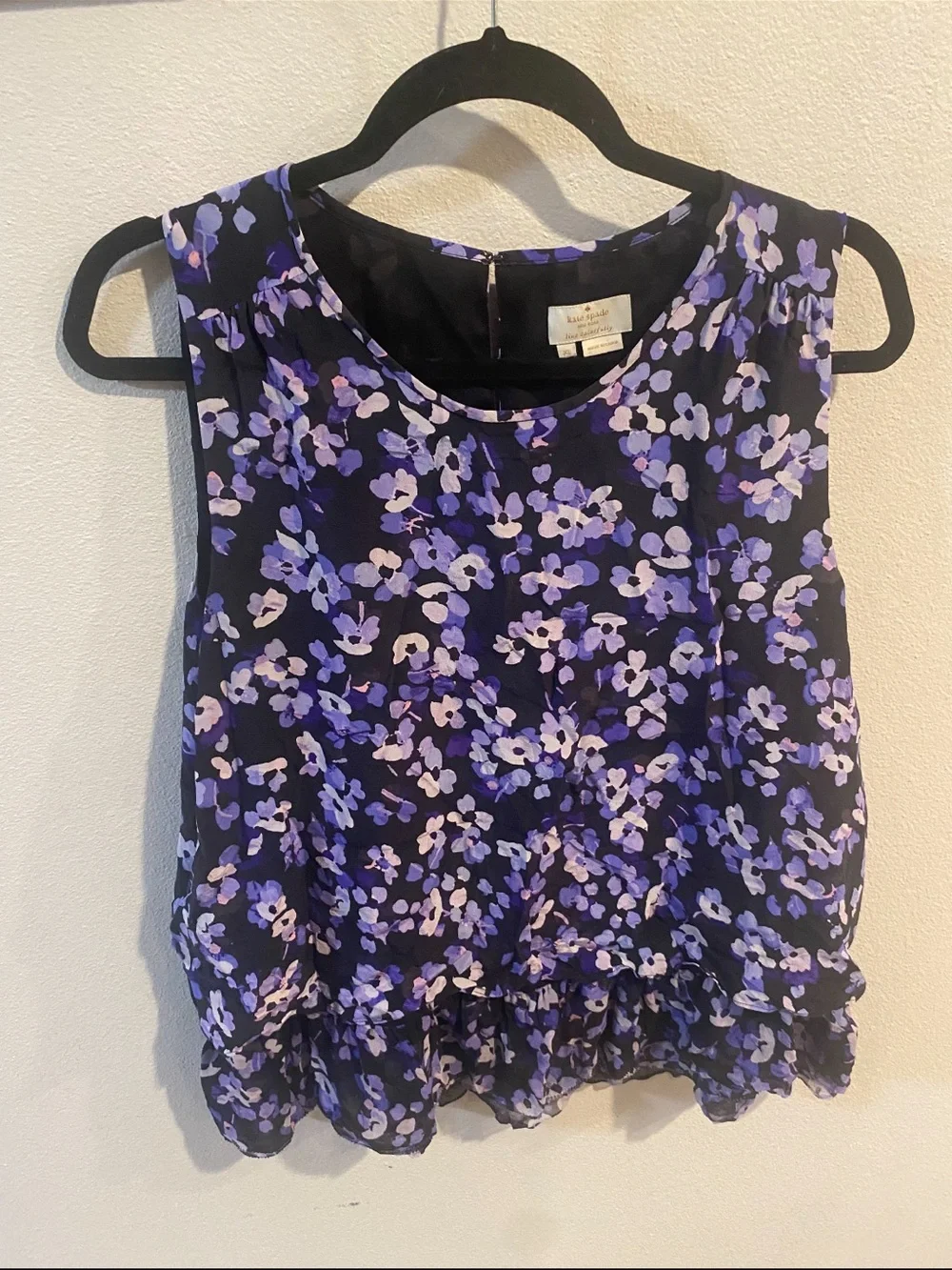 Kate‎ Spade Floral Sleeveless Ruffle-Hem 100% Silk Top Purple Size XL